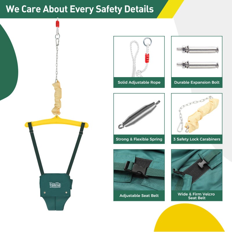 FUNLIO Baby Jumper with a Ceiling Hook for 6-24 Months, Baby Door Jumper for Indoor/Outdoor Play, Infant Jumper Doorway with Adjustable Chain, Easy to Assemble & Store (with a Ceiling Hook) - Green - Image 3