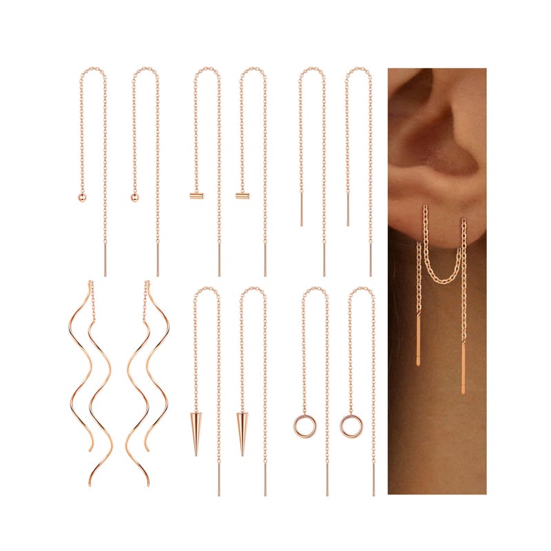 ORAZIO 6 Pairs Stainless Steel Chain Tassel Earrings for Women Lightweight Wave Threader Ball Dangle Drop Minimalist Chain Earrings Set Rose Gold Plated - Image 1