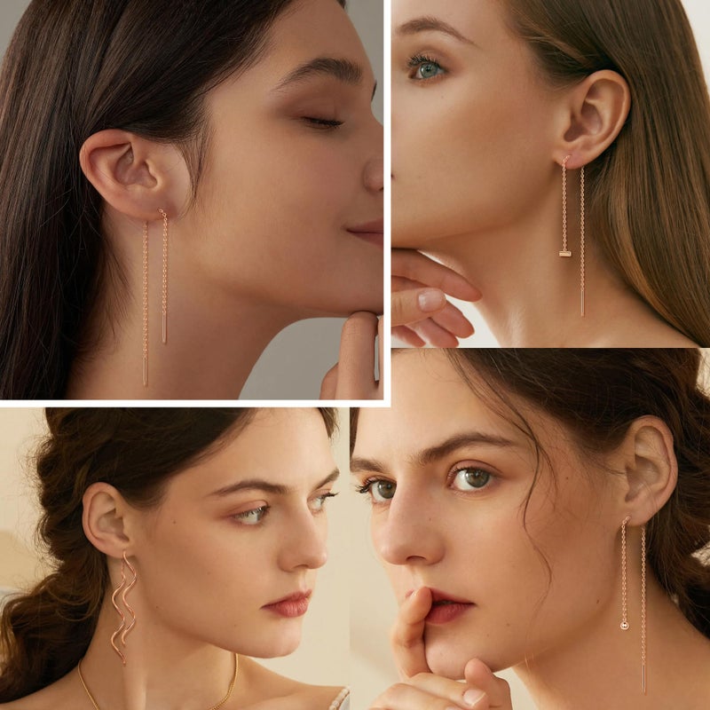 ORAZIO 6 Pairs Stainless Steel Chain Tassel Earrings for Women Lightweight Wave Threader Ball Dangle Drop Minimalist Chain Earrings Set Rose Gold Plated - Image 5
