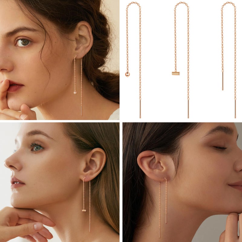ORAZIO 6 Pairs Stainless Steel Chain Tassel Earrings for Women Lightweight Wave Threader Ball Dangle Drop Minimalist Chain Earrings Set Rose Gold Plated - Image 3
