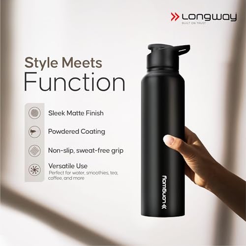 LONGWAY Rush 1 LTR Stainless Steel Water Bottle | Leak-Proof & Rust-Free Design | Perfect for School, Office, Home, Gym, Travel & Ideal for Men, Women & Kids (1000 ml, Black) - Image 2