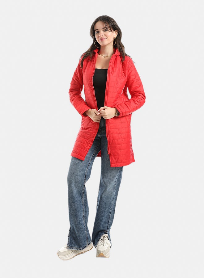 Andora Sided Pocket Plain Hooded Coat _ Red - Image 5