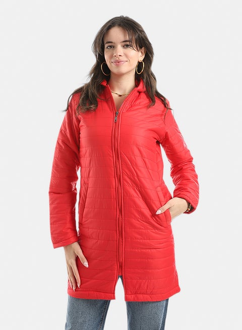 Sided Pocket Plain Hooded Coat _ Red