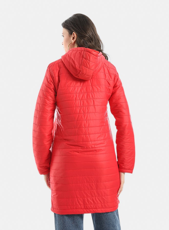 Andora Sided Pocket Plain Hooded Coat _ Red - Image 3