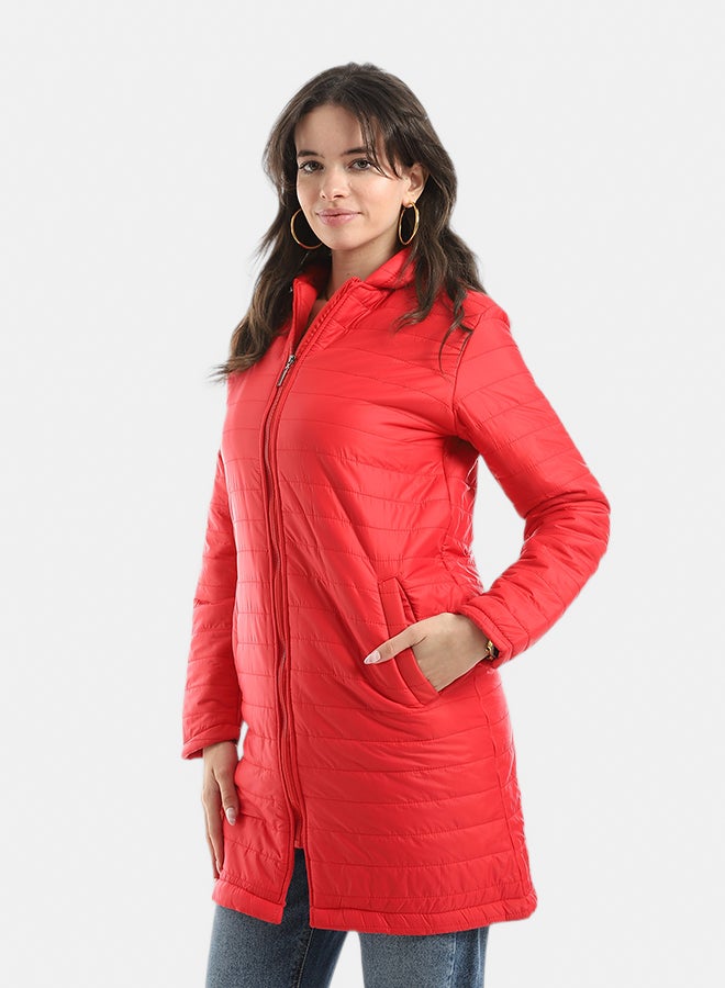 Andora Sided Pocket Plain Hooded Coat _ Red - Image 2