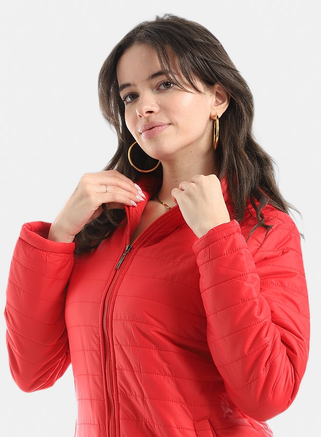 Andora Sided Pocket Plain Hooded Coat _ Red - Image 4