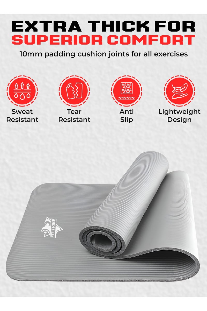 FIT TRIBE Yoga Mat Non Slip for Women & Men, Thick NBR Exercise Mat for Yoga, Pilates, Stretching & Home Workouts, High-Density Anti-Slip Workout Mat, Durable Gym Floor Fitness Mat (Gray) - Image 2