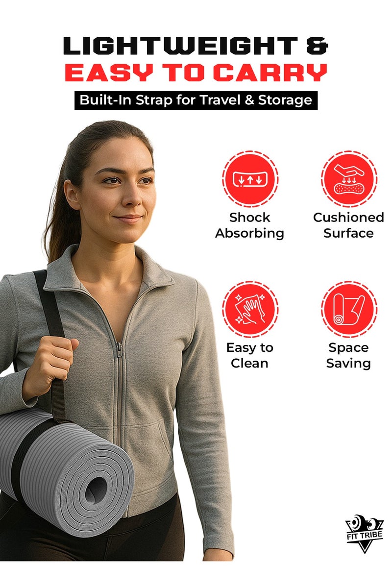FIT TRIBE Yoga Mat Non Slip for Women & Men, Thick NBR Exercise Mat for Yoga, Pilates, Stretching & Home Workouts, High-Density Anti-Slip Workout Mat, Durable Gym Floor Fitness Mat (Gray) - Image 5