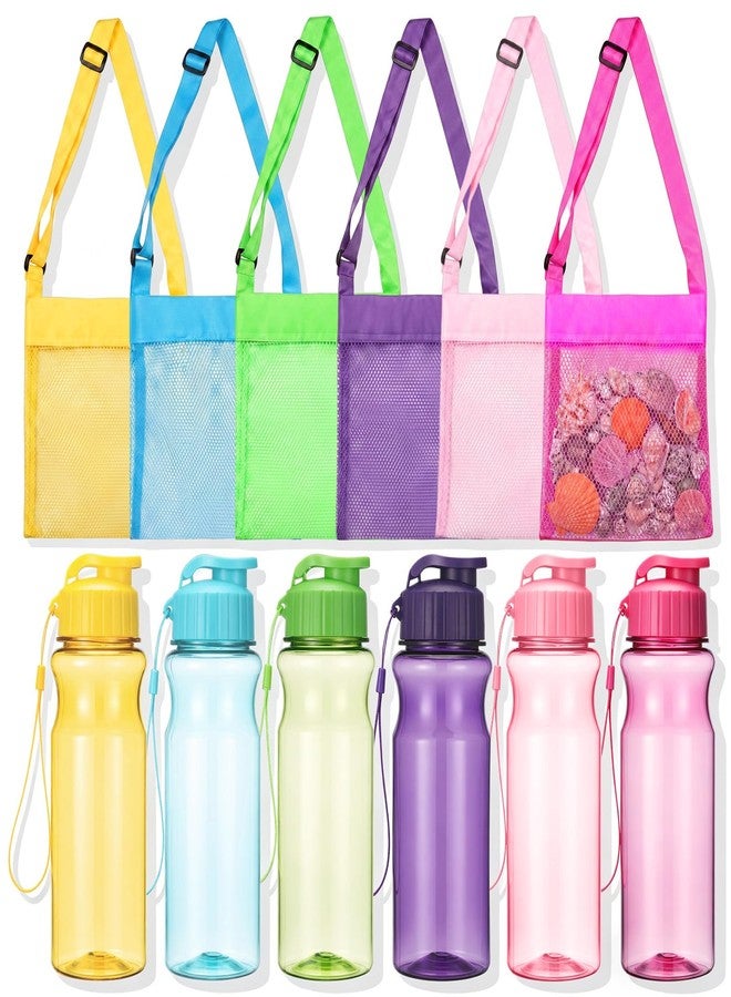 Abbylike 6 Pack 18.6 oz Sports Water Bottles and 6 Pcs Colorful Mesh Beach Bags Portable Plastic Colorful Water Bottles Foldable Small Sea Shell Bag Summer Sports Teams Birthday Parties Travel () - Image 1