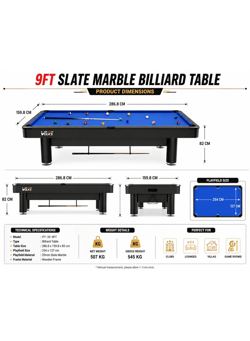 VOLKSGYM 9FT Slate Marble Billiard Table PT-32-9FT Blue | Professional Pool Table with Wooden Frame | Includes Accessories - Image 3