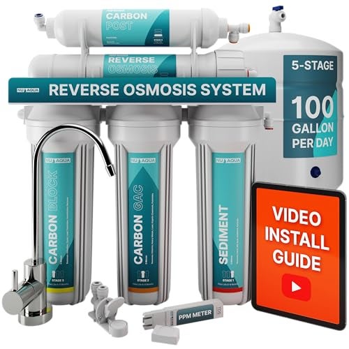 NU Aqua 5-Stage Under Sink Reverse Osmosis Water Filter System - 100 GPD RO Filtration w/Faucet & Tank - PPM Meter - 100GPD Undersink - Home & Kitchen Drinking Water - Image 1