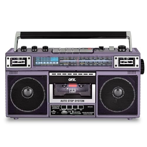 QFX J-220BT Purple Boombox MP3 Conversion from Radio to Cassette with 4-Band (AM, FM, SW1, SW2) Radio with Bluetooth, Dual 3” Speakers, Built-in Microphone, Recorder, and a 3-Band Equalizer - Image 3