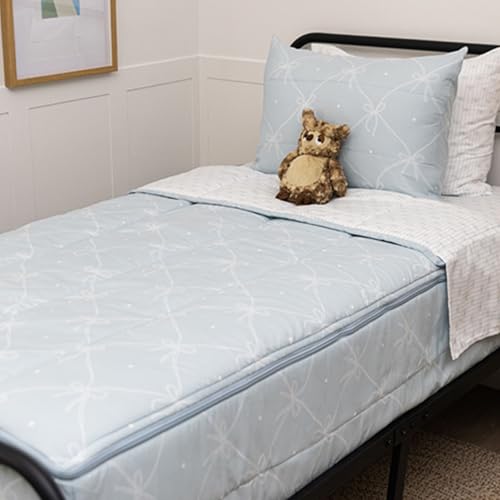 Beddy's Beddys Ribbon Bow Theme Durable Zipper Bedding for Kids Bed in a Bag White Striped Sheets with Baby Blue Comforter Includes Pillowcase Sham Toddler - Image 1