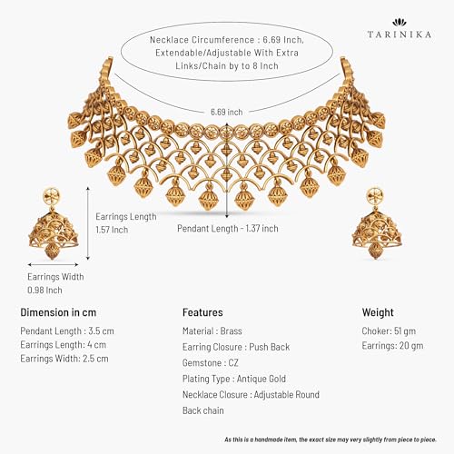 TARINIKA Brass Indian Choker Necklace Set - Gold Plated Cubic Zirconia Indian Jewelry Sets for Women Dangle, Drop, Jhumka Earrings Traditional Desi Necklace Pearls Gift for her (Kumud Antique) - Image 5