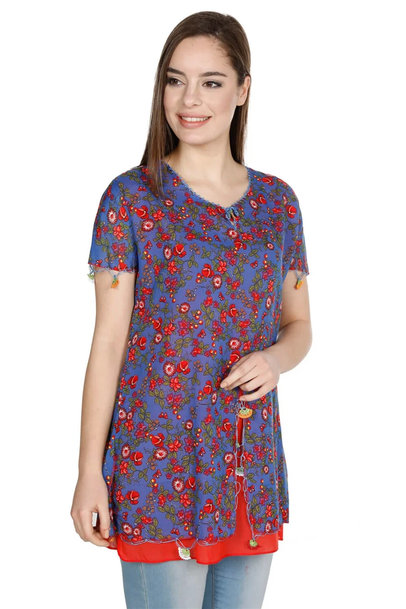 اكبينيز Short Sleeve Ceyda Voile Blouse Bud Pattern Saks 6171