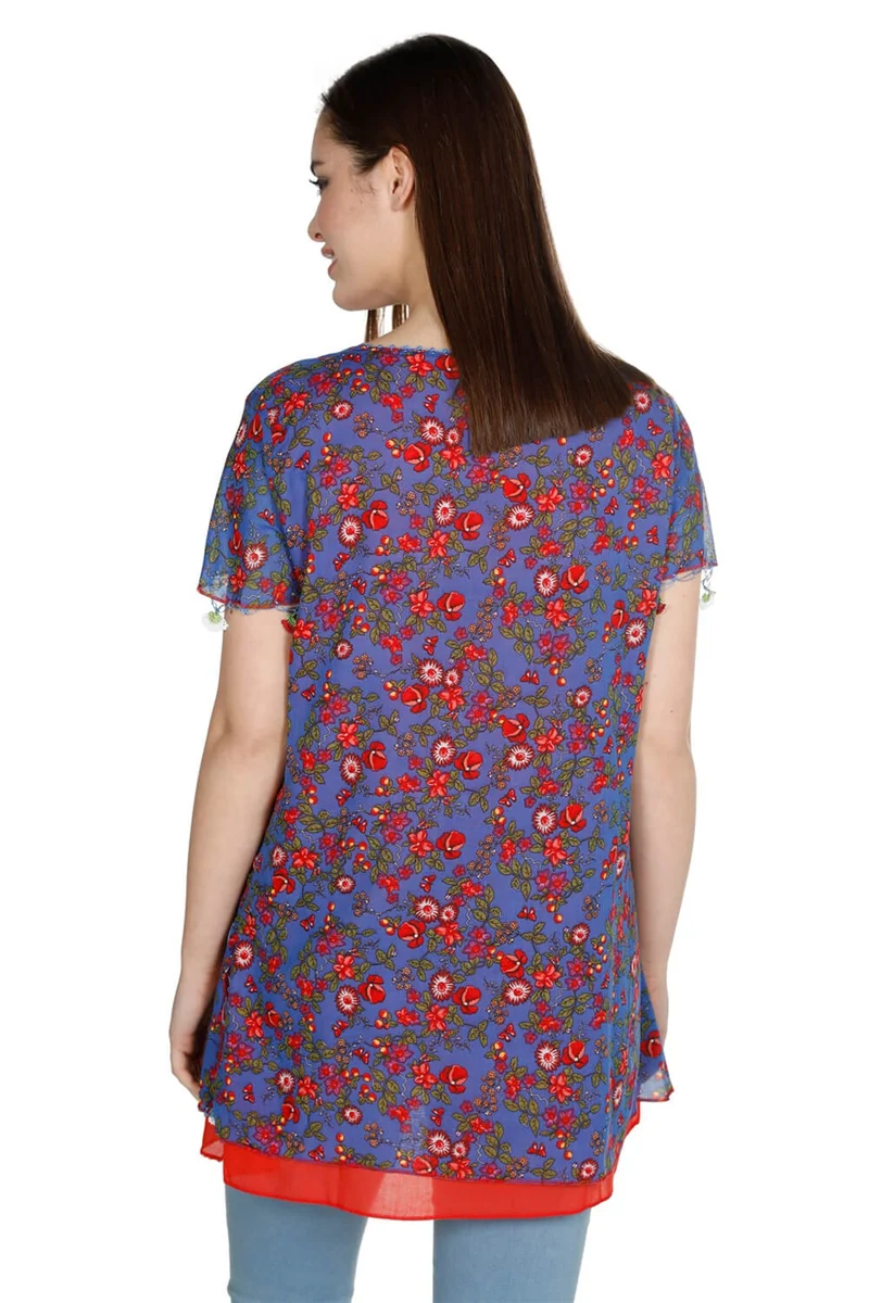 اكبينيز Short Sleeve Ceyda Voile Blouse Bud Pattern Saks 6171
