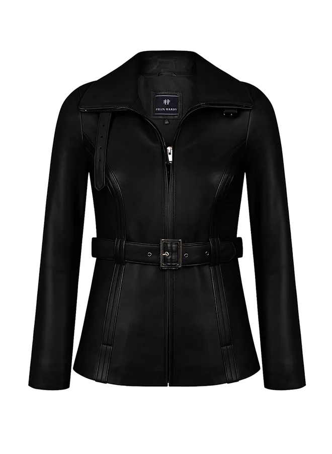 FELIX HARDY Genuine Leather Black Classic Jacket with Belt