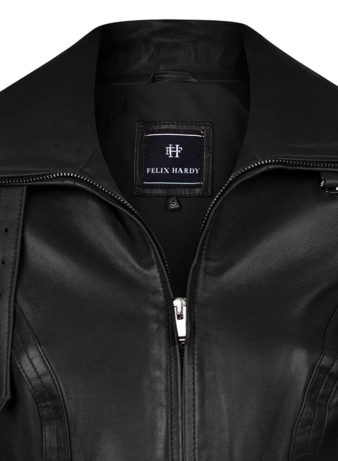 FELIX HARDY Genuine Leather Black Classic Jacket with Belt
