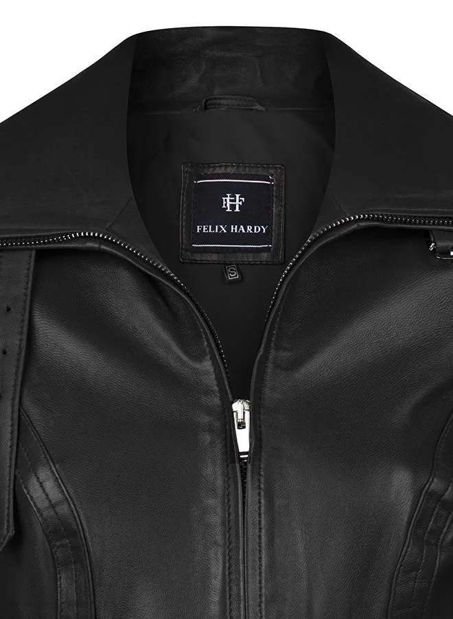 فيليكس هاردي جاكيت كلاسيكي أسود بجلد أصلي وحزام