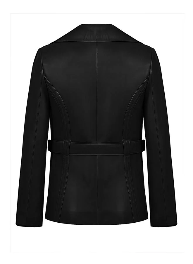 Felix Hardy Black Genuine Leather Black Classic Jacket with Belt for Women | Best Price UAE