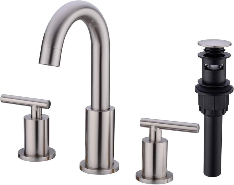 TRUSTMI 2-Handle 8 inch Widespread Brass Bathroom Sink Faucet with Pop Up Drain Assembly and cUPC Water Supply Hoses, Brushed Nickel - Image 1