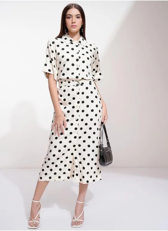 Tokyo Talkies Polka Dot Print Belted Shirt Midi Dress