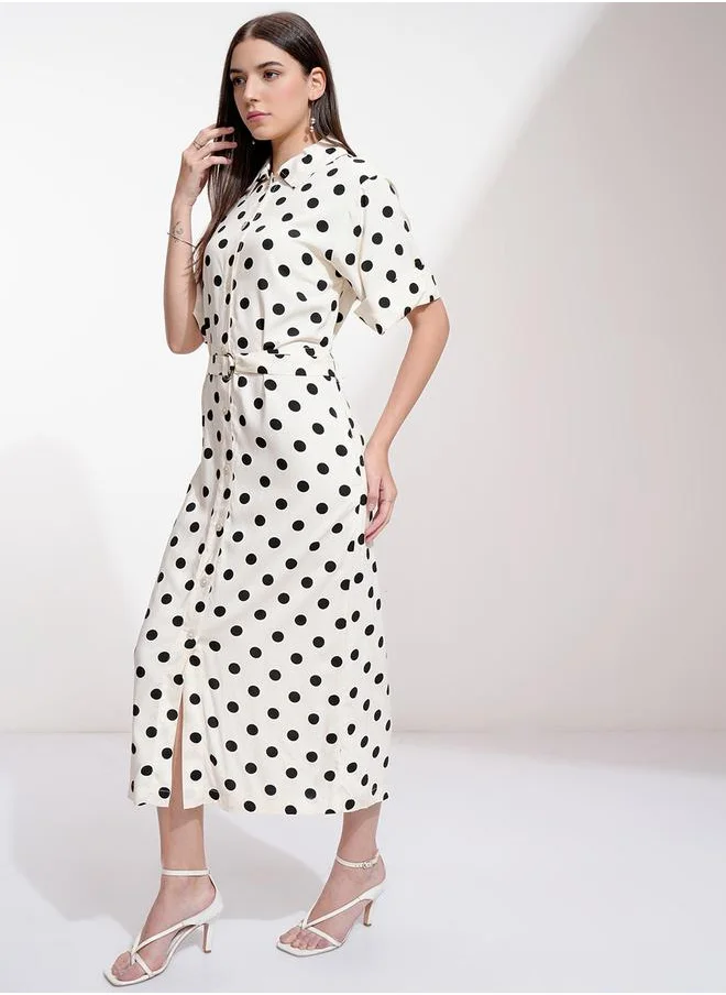 طوكيو توكيز Polka Dot Print Belted Shirt Midi Dress