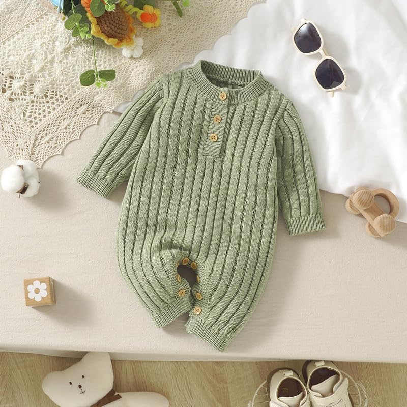 Neiwech Baby Boy Girl Romper Newborn Infant Knit Striped Solid Long Sleeve One Piece Jumpsuit Clothes Green Preemie - Image 2