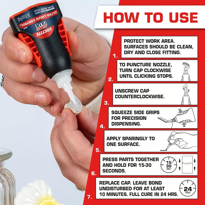 Loctite Super Glue Ultra Liquid Control, 4 Gram Squeeze Bottle, 6 Pack - Clear Superglue for Plastic, Wood, Metal, Crafts, & Repair - Image 5