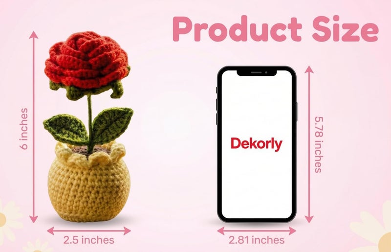 Dekorly Crochet Red Rose Flower – 6 Inch Handmade Knitted Artificial Rose for Valentine’s Day Gift, Romantic Love Decor, Anniversary & Proposal Keepsake(with Pot) (Crochet Redrose) - Image 3
