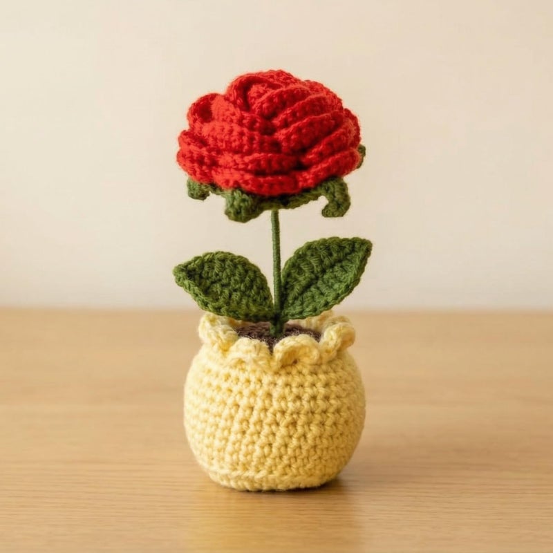 Dekorly Crochet Red Rose Flower – 6 Inch Handmade Knitted Artificial Rose for Valentine’s Day Gift, Romantic Love Decor, Anniversary & Proposal Keepsake(with Pot) (Crochet Redrose) - Image 1