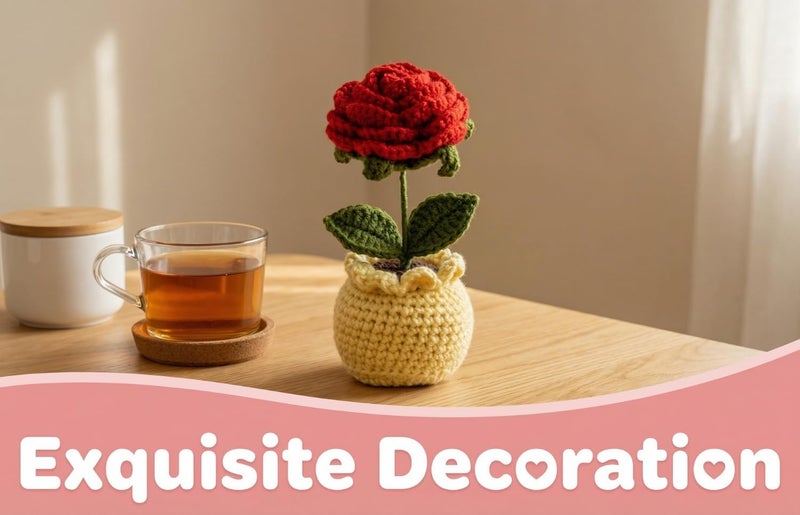 Dekorly Crochet Red Rose Flower – 6 Inch Handmade Knitted Artificial Rose for Valentine’s Day Gift, Romantic Love Decor, Anniversary & Proposal Keepsake(with Pot) (Crochet Redrose) - Image 5