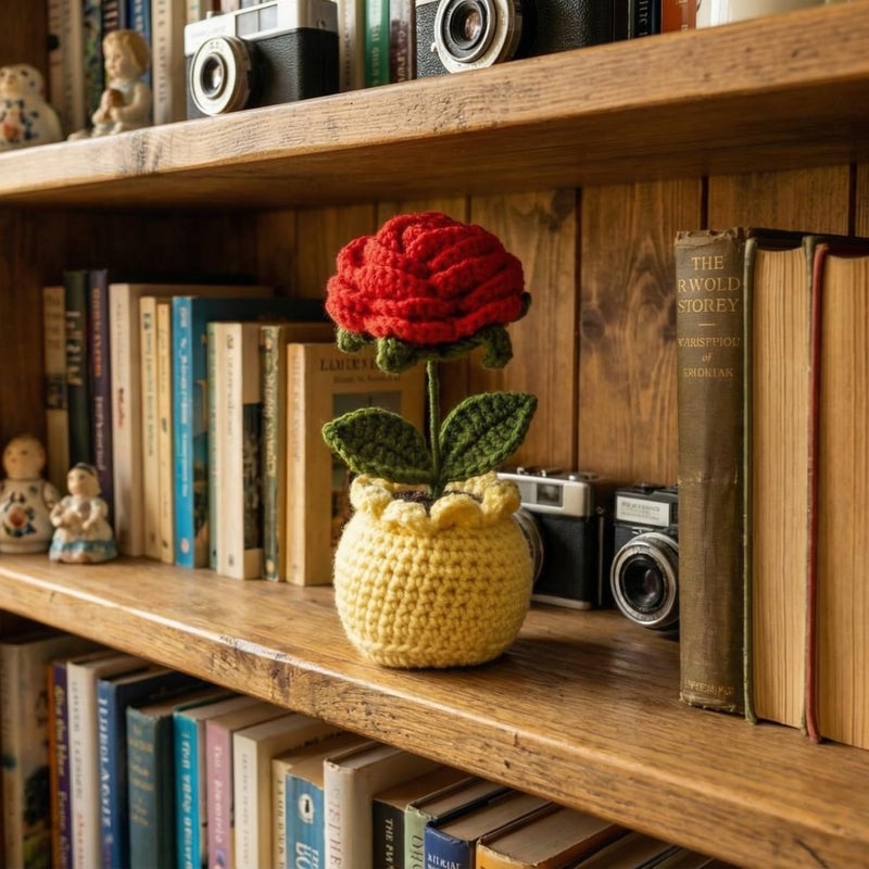 Dekorly Crochet Red Rose Flower – 6 Inch Handmade Knitted Artificial Rose for Valentine’s Day Gift, Romantic Love Decor, Anniversary & Proposal Keepsake(with Pot) (Crochet Redrose) - Image 2
