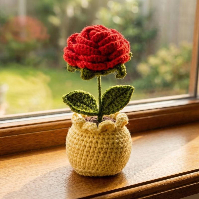 Dekorly Crochet Red Rose Flower – 6 Inch Handmade Knitted Artificial Rose for Valentine’s Day Gift, Romantic Love Decor, Anniversary & Proposal Keepsake(with Pot) (Crochet Redrose) - Image 4