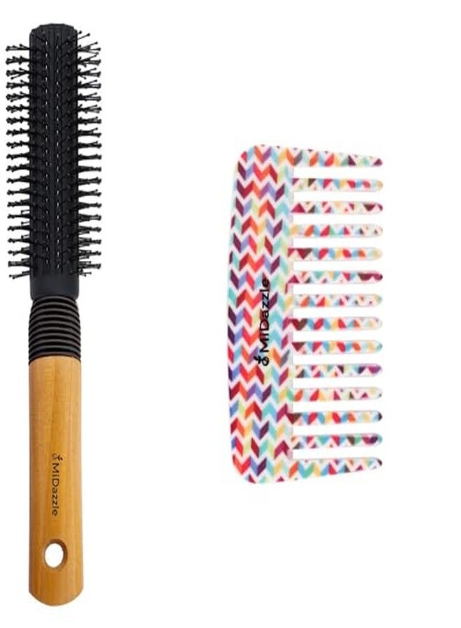 Omidazzle Midazzle Premium Round Wooden Hair Brush with Floral Comb, Small Size, Set of 2 - Image 2