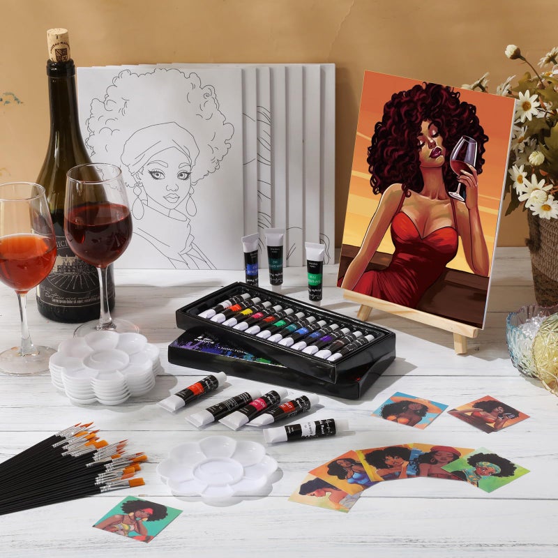 Cholemy 36 Pcs Paint and Sip Kit for Adults 8''x10'' Pre Drawn Canvas for Painting DIY Afro Acrylic Painting Kit Wood Easel Brushes Date Night Bulk for Easter Party Gifts(Fashion Women) - Image 2
