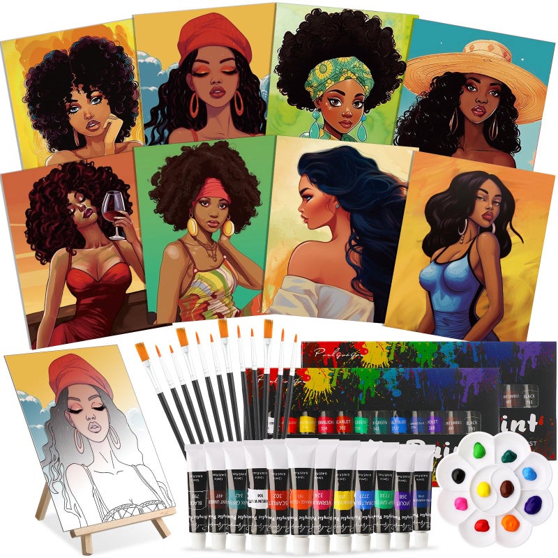 Cholemy 36 Pcs Paint and Sip Kit for Adults 8''x10'' Pre Drawn Canvas for Painting DIY Afro Acrylic Painting Kit Wood Easel Brushes Date Night Bulk for Easter Party Gifts(Fashion Women) - Image 1