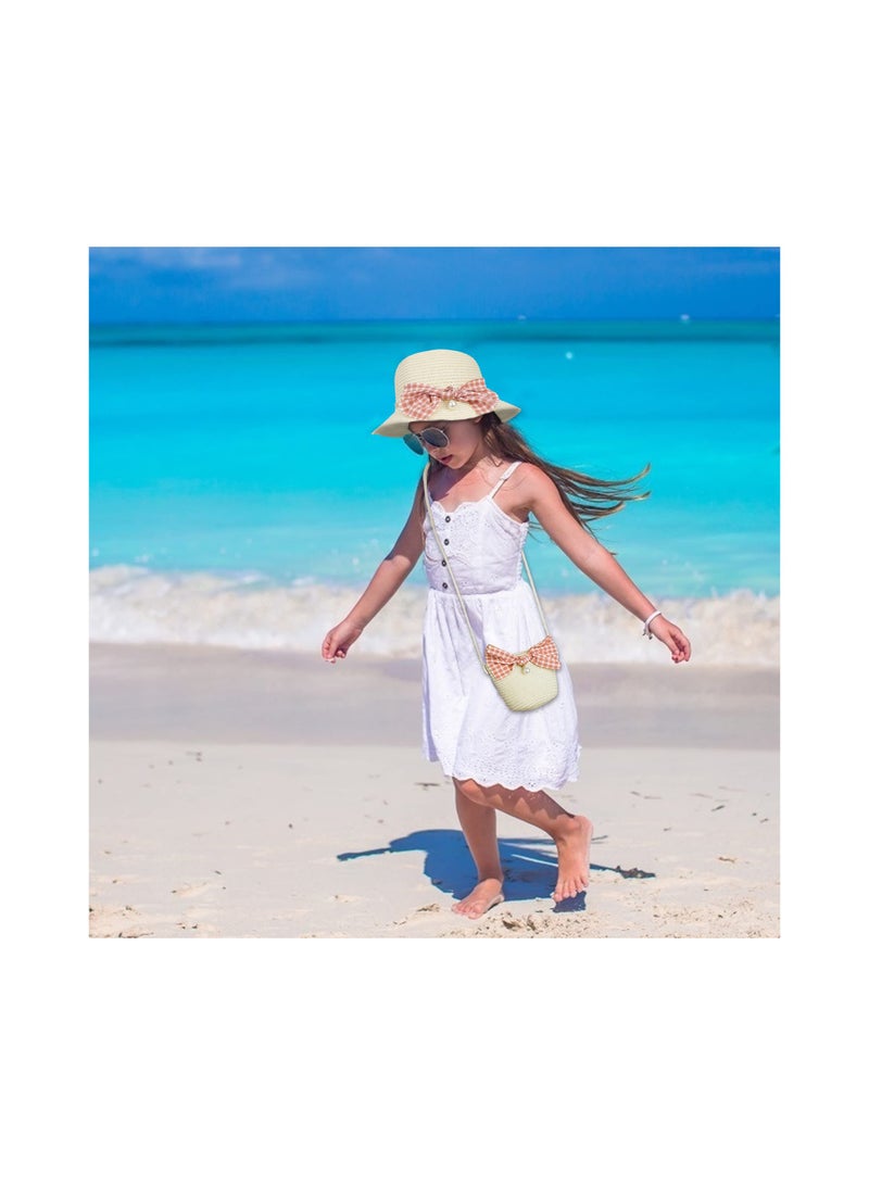 SOLARAE Girls Straw Hat and Mini Straw Cross Body Bag Sets, with Bowknot Decoration, Sun Protection Hats, Summer Bowknot Beach Cap for Kids, Summer Beach Sun Hat, for Travel Outdoor Activities - Image 3