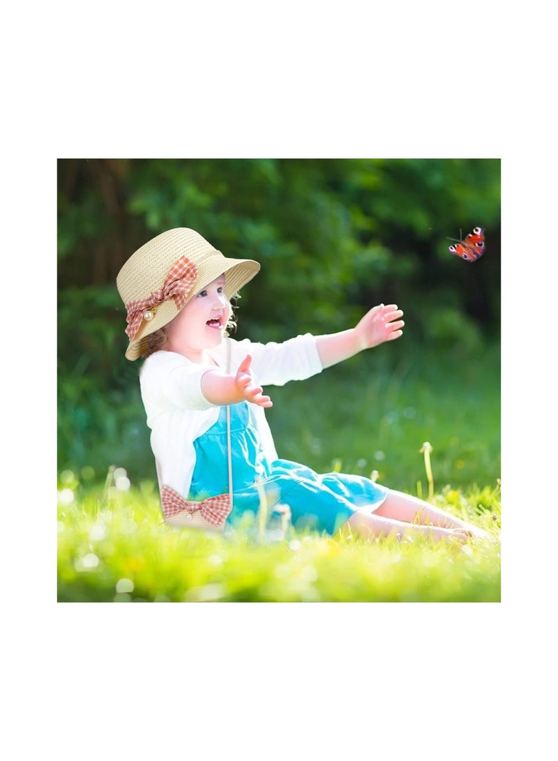 SOLARAE Girls Straw Hat and Mini Straw Cross Body Bag Sets, with Bowknot Decoration, Sun Protection Hats, Summer Bowknot Beach Cap for Kids, Summer Beach Sun Hat, for Travel Outdoor Activities - Image 2