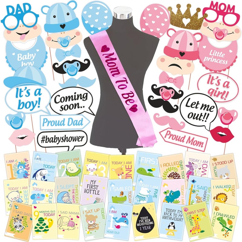 Wobbox Baby Shower Decoration Items| Baby Shower Ceremony Photo Booth Props for Photoshoot, Daddy to Be Badge & Mom to Be Sash with Milestone Card, Godh Bharai Ceremony Decoration Kit-(FP781) - Image 1