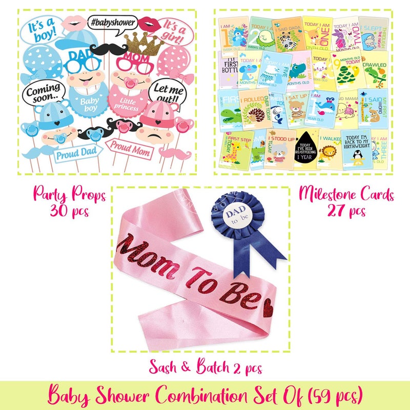 Wobbox Baby Shower Decoration Items| Baby Shower Ceremony Photo Booth Props for Photoshoot, Daddy to Be Badge & Mom to Be Sash with Milestone Card, Godh Bharai Ceremony Decoration Kit-(FP781) - Image 2