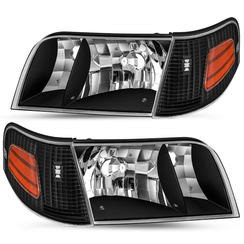 JSBOYAT Headlight Assembly Replacement wCorner Lights 4pcs for 1998 to 2011 Ford Crown Victoria Headlamp Black Housing with Amber Reflector