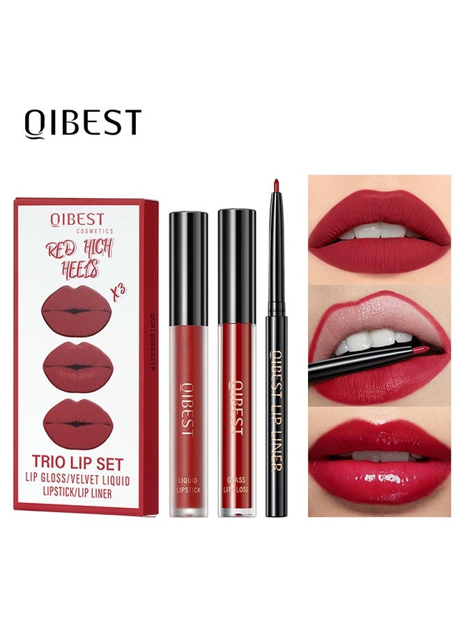 QiBest Trio Lip Set Lip Liner Lip Gloss and Velvet Liquid Lipstick Makeup Set Matte Lip Liner Kit Waterproof Long Lasting Not Fade Liquid Lipstick Kit for Daily Makeup #06 - Image 1
