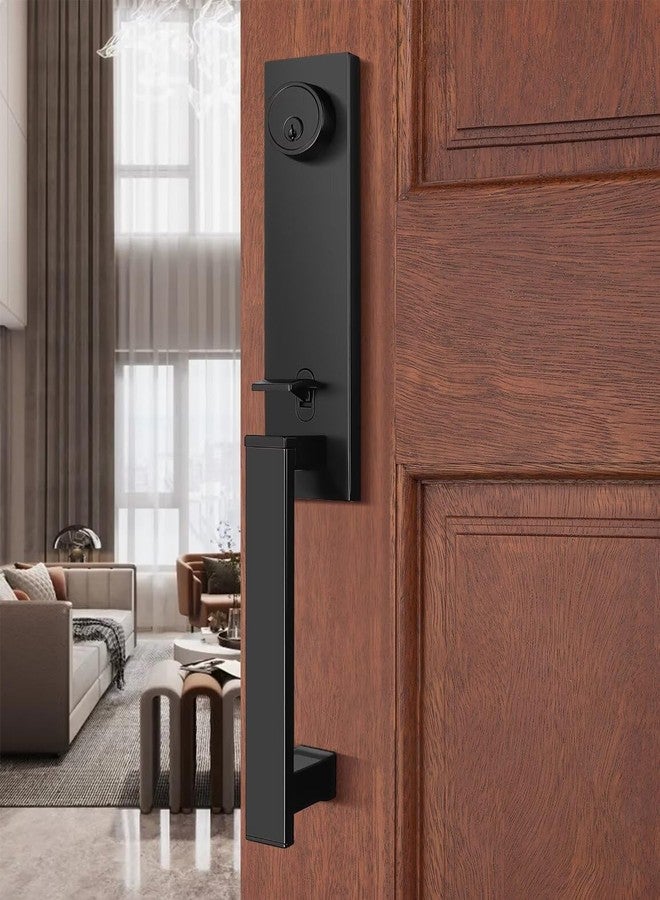 Tinewa Full Escutcheon HandleSet Front Door Entry Handle and Deadbolt Lock Set Slim Square Single Cylinder Deadbolt and Lever Heavy Duty - Matte Black Finish - Image 1