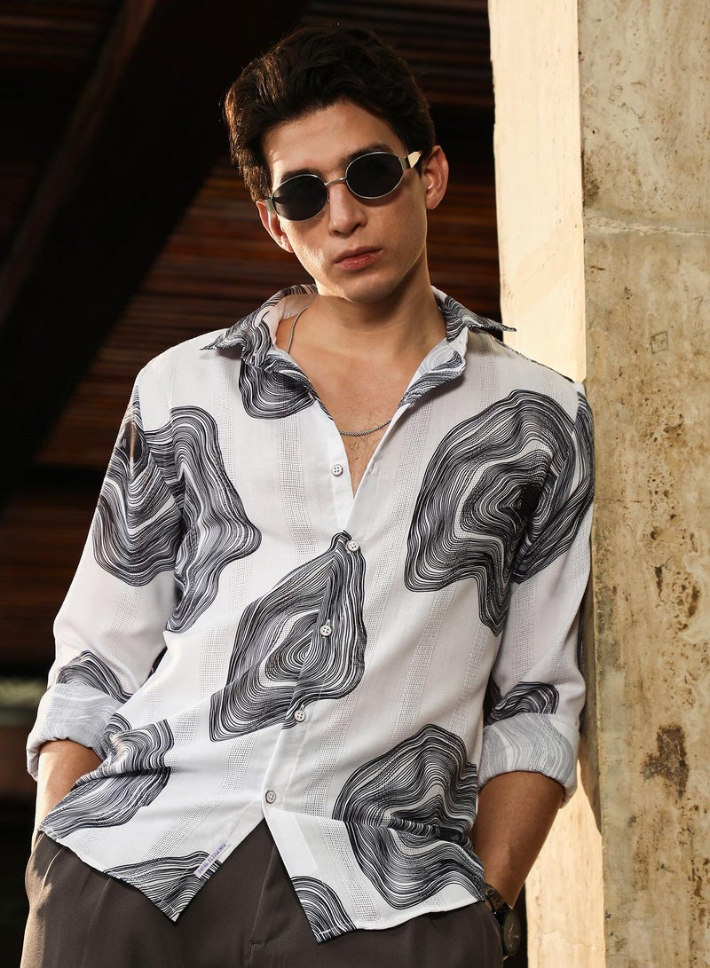 Campus Sutra Campus Sutra Men's Chalk White & Midnight Black Contrast-Spool Jacquard Shirt | Spread Collar , Long  Cuffed Sleeves , Button Closure | Abstract Dobby | Cotton-Blend Shirt For Casual Wear - Image 1