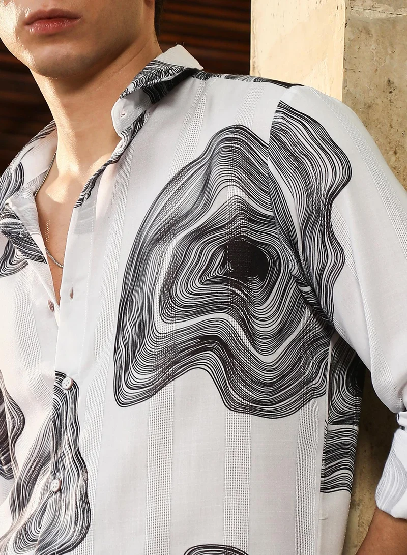 Campus Sutra Campus Sutra Men's Chalk White & Midnight Black Contrast-Spool Jacquard Shirt | Spread Collar , Long  Cuffed Sleeves , Button Closure | Abstract Dobby | Cotton-Blend Shirt For Casual Wear