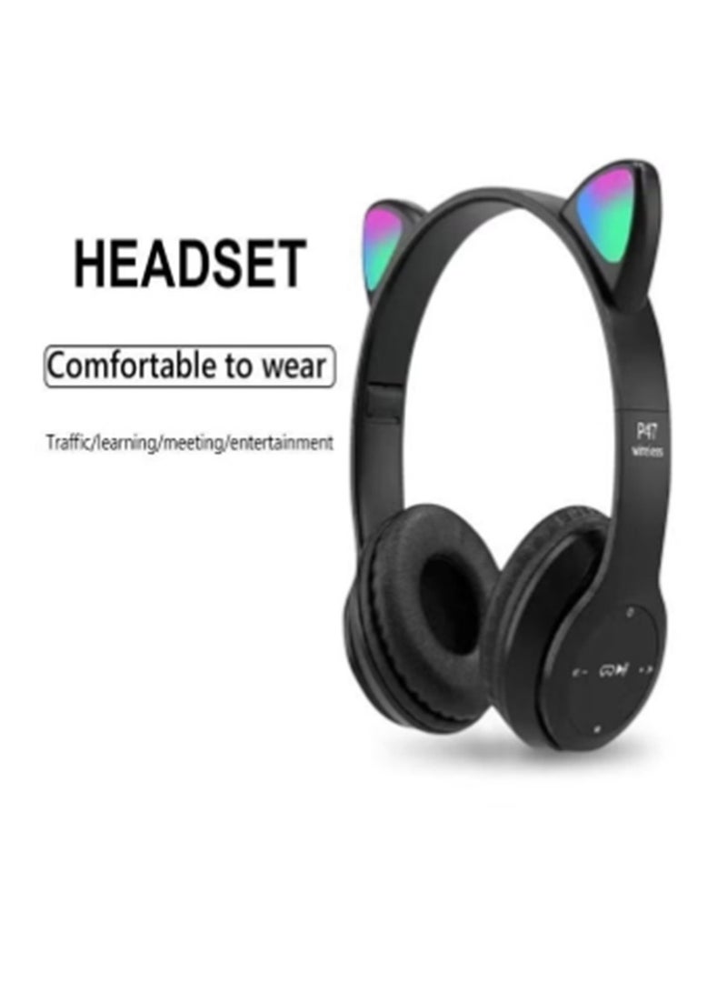 سماعة ألعاب لاسلكية، سماعات أذن بلوتوث 5.0 للقطط، سماعات رأس للأطفال، سماعات رأس بلوتوث مضيئة فوق الأذن للأطفال والكبار (أسود) - Image 2