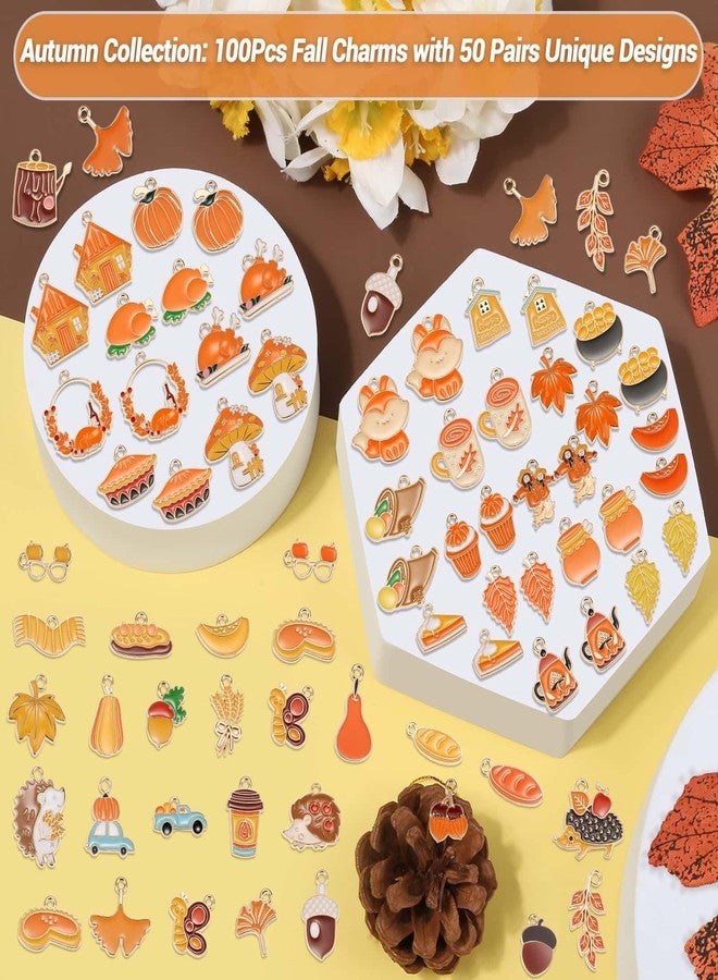 Acejoz 100Pcs 50 Pairs Fall Charms for Jewelry Making and Bracelets, Thanksgiving Autumn Charms Gold Enamel Jewelry Pendants for Earring Bracelet Necklace Crafts Making - Image 2