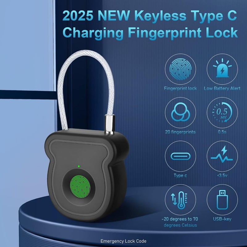 Smart Fingerprint Luggage Locks Biometric Metal Keyless Thumbprint Padlock Waterproof USB Rechargeable For Suitcase Toolbox Backpack Bag Gym Locker 3 PCS Set - Image 2