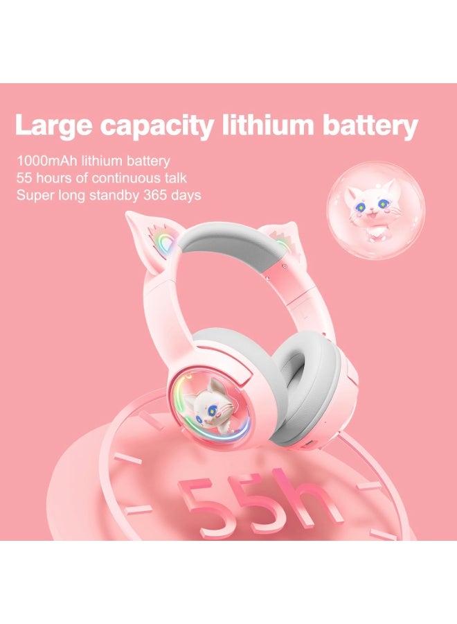 onikuma B5 Cute Cat Bluetooth Headphones, Wireless & Wired Mode Headset with Mic, RGB LED Light, for Girls Women School Gaming, Compatible with Mobile Phones Tablet  Pink - Image 2
